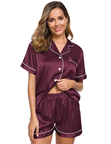 Image of SWOMOG Womens Silk Satin Pajamas Set Short Sleeve Sleepwear Button Down Top and Shorts Loungewear 2 Piece Pjs Set XS-3XL