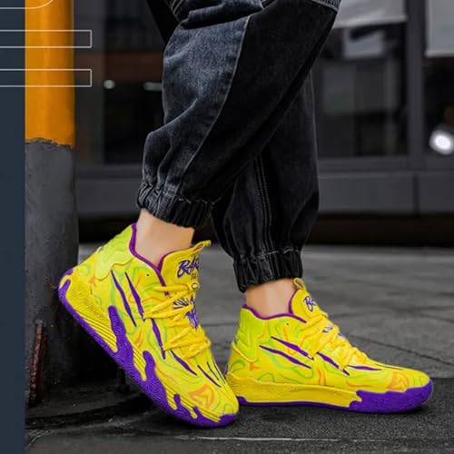 Men's Light Blue High-Top Basketball Shoes with Floral Patterns – Breathable Mesh, Non-Slip Cushioned Sole | Lightweight Gym & Outdoor Sneakers ﻿(Yellow -Purple,8.5)4