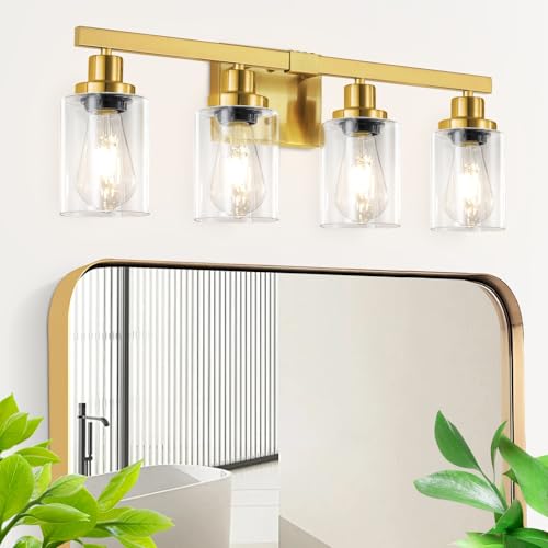Image of Bathroom Vanity Light, 4-Light Modern Matte Gold Wall Sconce Lighting with Clear Glass Shade, Black Wall Lights,Bath Vintage Wall Mounted Lamps for Mirror Bedroom Living Room