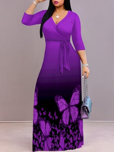 Image of SUZONANA Plus Size Dresses for Women Print Maxi Dresses Flowy 3 /4 Sleeve with Belt