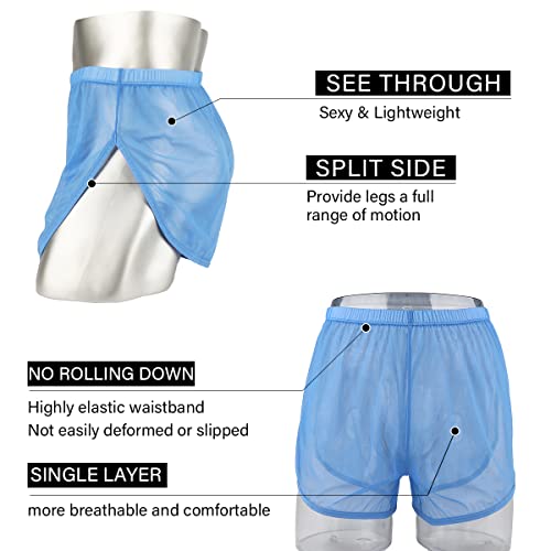 YINYOUYU Mens Mesh See Through Shorts Large Split Side Boxer Underwear Loose Lounge Breathable Underpants L Blue