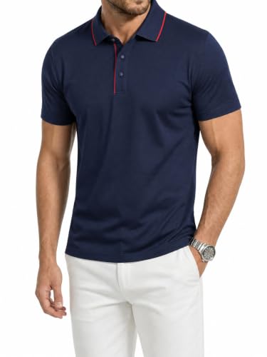 Image of HUAKANG Mens Polo Shirts Golf Tops Breathable Quick-Drying Sports Top Summer Short-Sleeved Collared Tennis Shirt(8040-Navy-L)