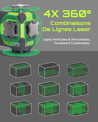LasGoo Niveau Laser Auto-Nivelant 4x360°, 16 Lignes Vertes, pour Projets de Construction et Décoration Intérieure, avec 2 Batteries Li-Ion Rechargeables et Support Magnétique, Modèle LG-4Ds – vue 2