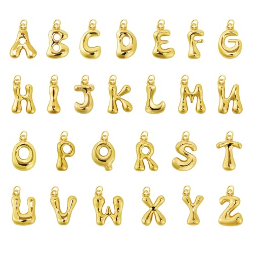 26Pcs 18K Gold Filled A-Z Alphabet Letters Charms for Jewelry Making, Chunky Gold Initial Letter Charm Pendant Beads, Trendy Bubble Slide Glitter Pendants for Women Bracelet Necklace Choker Making