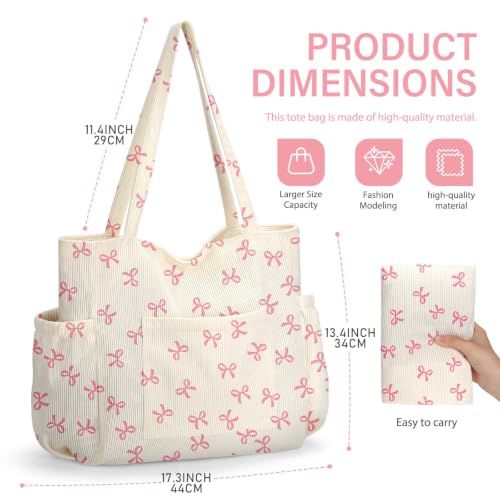 Corduroy Tote Bag for Women, Large Capacity Cute Tote Bags With 6 Pockets, Laptop Tote Bag Crossbody Shoulder Handbag Teacher Nurse Bags for Work Travel Gym(Pink Bows) - image 6
