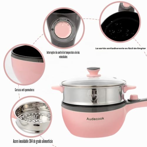 Miniatura 3 de Audecook Cazuela Eléctrica Con Vaporera, Sartén Eléctrica Pequeña 20cm, Olla Eléctrica Multifunción Para Viajes Hotel Estudio Oficina Rosa