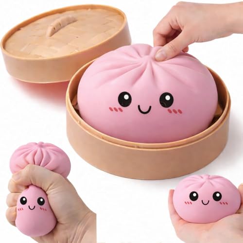 Giant Dumpling Squishy Box Bao Bun Smile Face Squishy Dumpling Toy Squeeze Stress Balls Fidget Sensory Toy Easter Basket Stuffers for Kids Adults Boys Girls-Pink