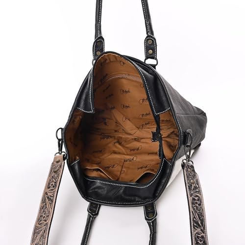 Image of Merbaa Western Cowhide Hairon Leather Tote Bag for Women With Adjustable Tooled Shoulder Strap Leather Purse