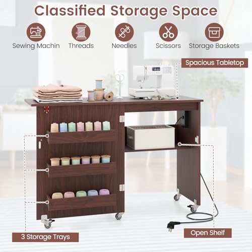 Miniatura 4 de Giantex Armario De Costura Plegable Con 5 Ruedas, Mesa De Coser Con Estación De Carga, 3 Compartimentos Y 1 Estante Abierto, Para Dormitorio, Salón Y Estudio Marrón Oscuro, 116x41x78cm