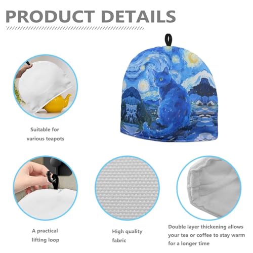 Image of Tea Cozy Starry Night Blue Cat Print Creative Insulated Tea Cosy Extra Thick Home Kitchen Decoration Creative Gifts Dust Teapot Cover Kitchen Accessories for Travel