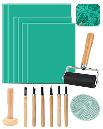 Lino Printing Kit 6PCS Lino Sheets (A4/A5/A6) with Lino Cutting Tools 6 Carving Cutters Brayer Roller Wooden Mushroom & Printmaking Mat for Engraving Printmaking DIY Stamp Art Craft