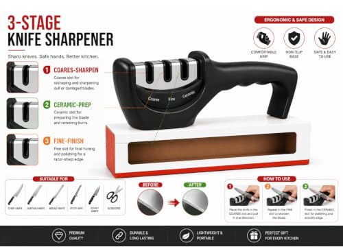 Image of 3-Stage Knife Sharpener | Easy Manual Knife Sharpener with Prep, Sharpen & Finish Sharpening Slots | Quick & Safe Blade Restoration for Kitchen Knives Ergonomic Non-Slip Handle Professional Use
