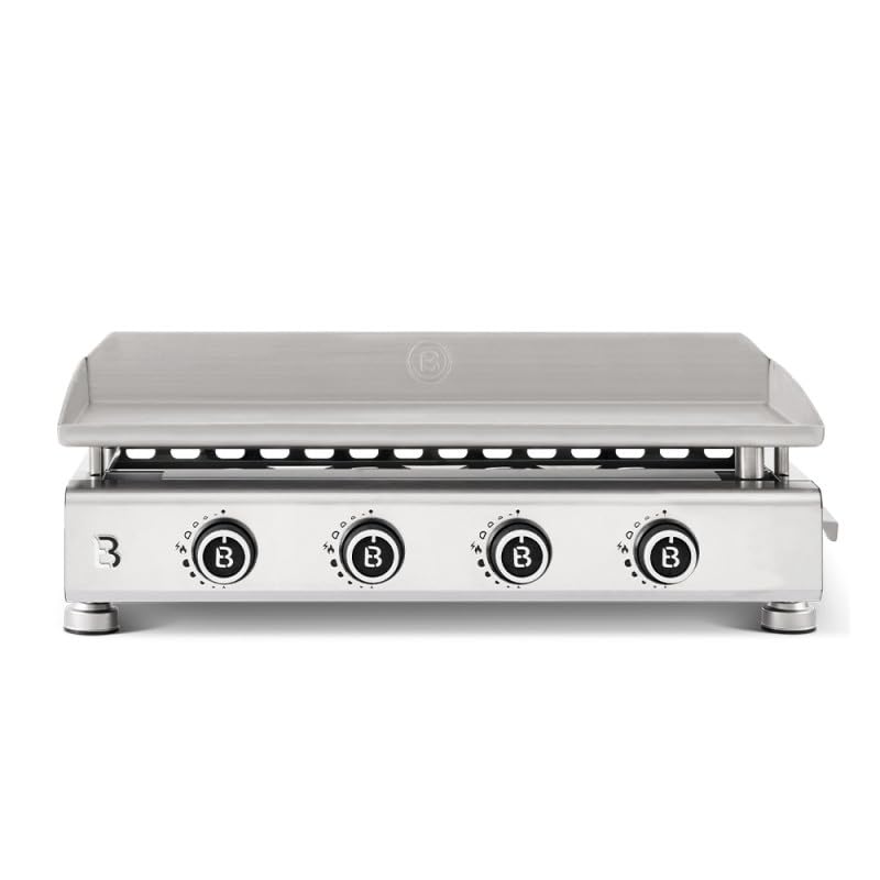 BRASERO - Plancha Silvia EVO 4 Feux Brasero - Plaque Inox de 84 x 34 cm - 4 brûleurs - Grille de réchauffement - Piezo intégré - Tiroir Graisse avec jauge de niveau - Jusqu'à 12 convives - 10,6 KW