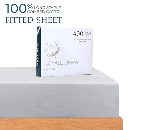 Image of Royale Linens 400 Thread Count 100% American Grown Cotton Fitted Sheet Full Size - All Around Elastic Fitted Sheet - Luxury Sateen Weave - Snug Fit Bottom Sheets Fit Up to 16 inch (Full,Spanish Silver)