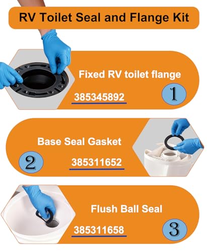 Image of RV Toilet Seal and 3 inch Socket Floor Flange Kit for Dometic 300 310 320 Toilet, Replacement Parts 385345892 RV Toilet Flange, 385311658 Flush Ball Seal and 385311652 Base Seal Gasket, 3-in-1 Repair Kit