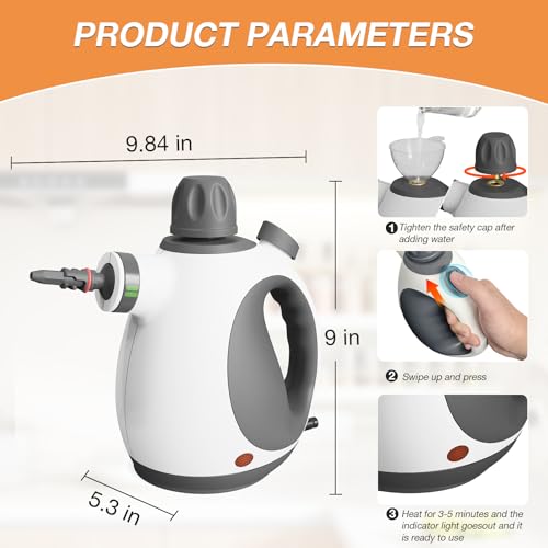 Image of Handheld Steam Cleaner, Pressurized Multi-Purpose Natural Steamer with 12 pcs Accessories, Steamer for Cleaning Car, Countertop Bathroom, Shower, Upholstery, Couch, Tile Grout, Window, Grease