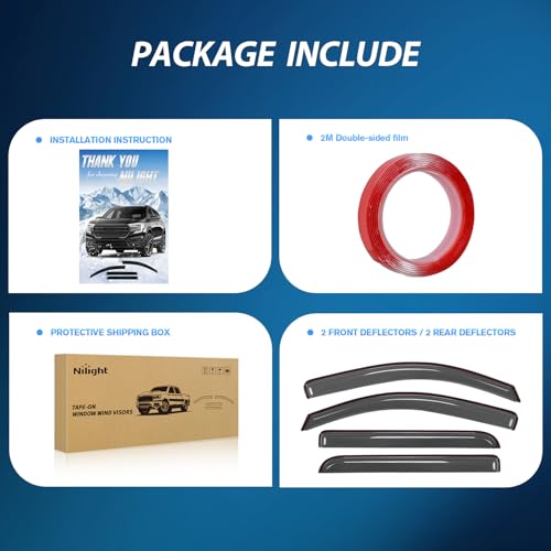 Image of Nilight Tape-On Window Visors for Silverado Sierra Crew Cab 2014-2018, 4PCS | Smoke Rain Guards and Vent Shades for Chevy Silverado 1500 GMC Sierra 1500, Rain, Sun and Wind Protection
