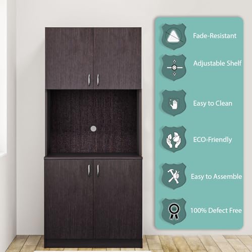Image of VIKI Furniture | Kitchen Cabinet - 5 Tier Unit with Doors & Open Shelves, Organizer for Kitchen, Bedroom, Hallway & Living Room (Dark Wenge - 40D x 80W x 180H cm) | 1 Year Warranty