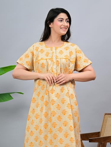 Image of DIAMO Pure Cotton Designer Nighty for Women | Night Gown | Nightdress | Maxi Nighty | Sleepwear | Jaipuri Nighty | Nighties | Cotton Night Gown for Women /Girls with Jaipuri Block Print