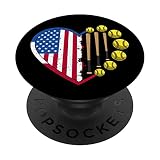 Funny Softball Ball & American Flag Heart Happy 4th Of July PopSockets Swappable PopGrip