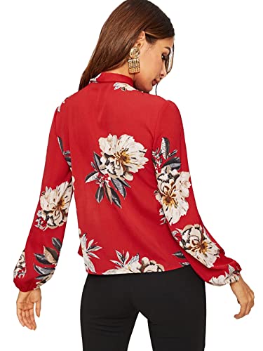 Floerns Women's Floral Print Bow Tied Neck Lantern Long Sleeve Blouse Tops Red M #TOP1