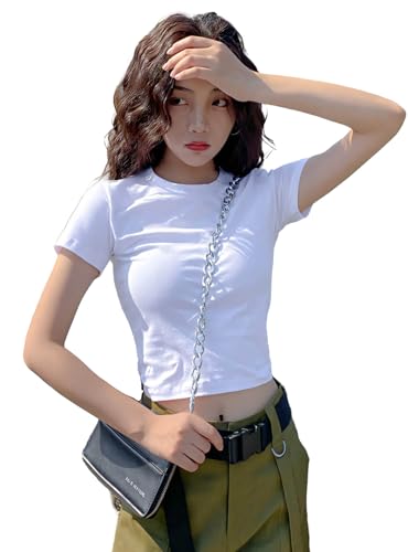 [優億] Tシャツ へそ出し レディース 半袖 綿 カットソー ショート丈Tシャツ ちびT 丸首 無地 短い クロップド トップス シンプル ダンス 着痩せ 半袖シャツ プルオーバー夏 (M, Cタイプ ホワイト) - 優億 - 商品画像