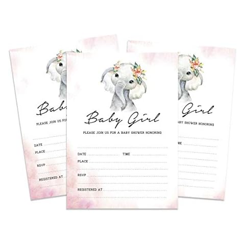 Inkdotpot 30 Fill In Style Baby Shower Invitation Cards Baby Elephant Girl Gender Reveal Blank Invites Cover