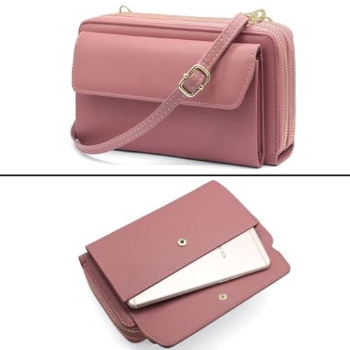Image of Women Leather Wallet Crossbody Shoulder Bag with Double Zipper and Mobile Phone Purse with Shoulder Strap