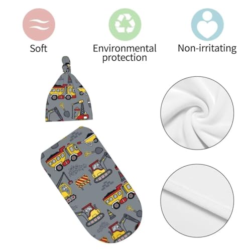 Image of Cute Construction Truck Newborn Swaddling Blanket Beanie Hat Sets Soft Baby Receiving Engineering Vehicle Blanket Soft Sleeping Bag New Born Soft Sleep Sacks for Boys Girls