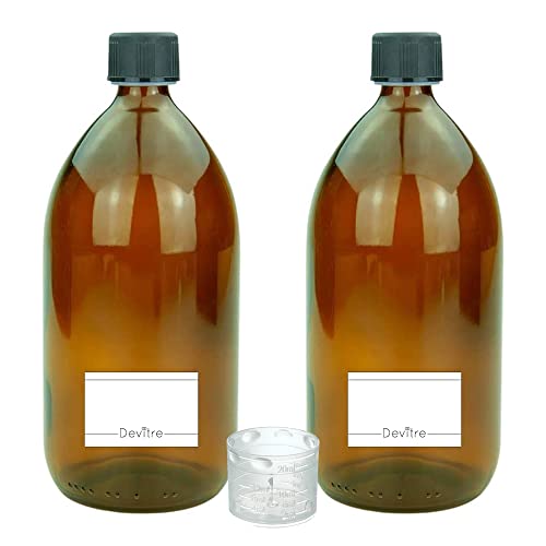 Devitre 2 braune Glasflaschen 1000 ml mit Deckel Messbecher und 2 Etiketten Cover