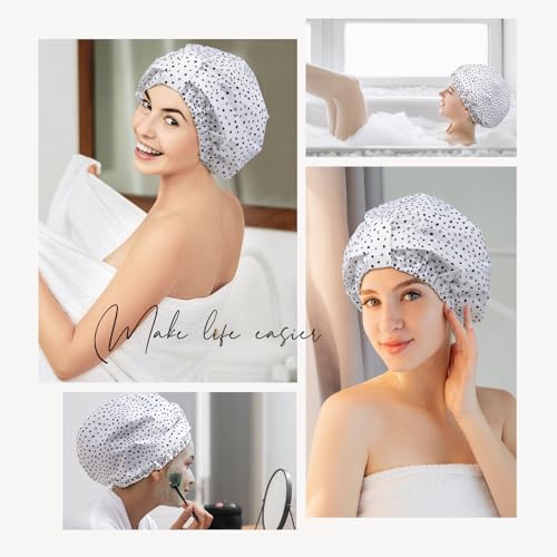YFONG Reusable Shower Cap for Women, Waterproof & Durable Bath Cap with Double layer Lined, Adjustable Hair Cap for All Hair Lengths, Large Bathing Hat