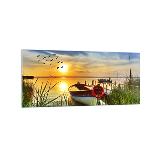 Tableau en verre 120x50cm déco salon bateau lac coucher de soleil l'été moderne