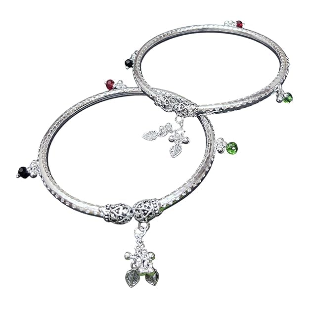 (1 Pair Traditional Design Silver Color Alloy Adjustable Crystal Ghungroo Leg Painjan Anklets Payal Pajeb Rajasthani Style Round Foot Kada Bangle Jewellery Set For Women's And Girl's-image-45