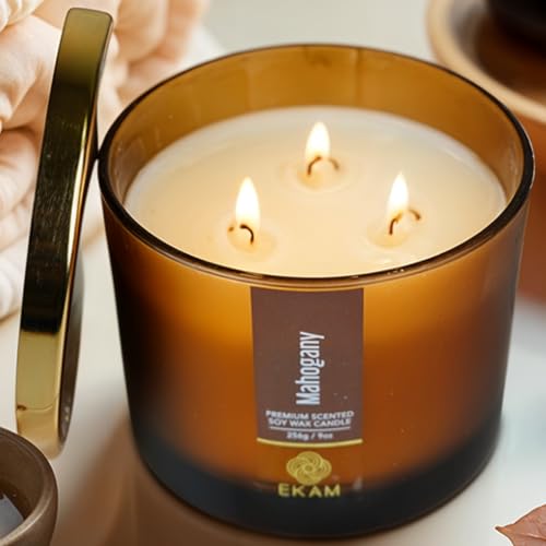 Image of EKAM 3 Wick Soy Wax Scented Candle | Mahogany Fragrance | 35 Hr Burn | Long Lasting Premium Jar Candle for Home Decor, Relaxation & Gifting