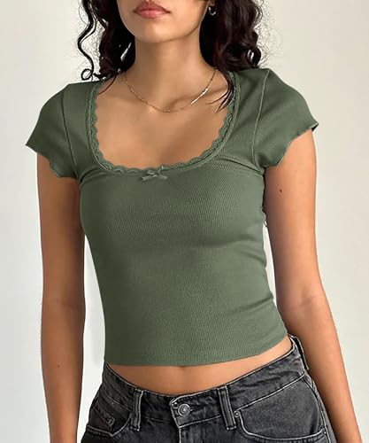 Yousify Womens Shorts Sleeve Crop Tops Summer Y2K Lace Square Neck Slim Fitted Basic Ribbed Tee Blouse Shirts4