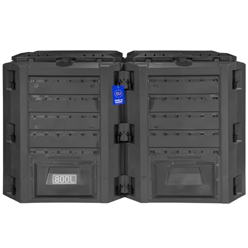 2 Kammer Komposter Garten Schnellkomposter Groß 800L Schwarzer Kompostbeschleuniger mit Deckel & Klappe Bio Kompost aus Kunststoff zum Kompostieren