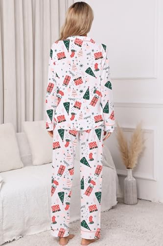 Image of LUBOT Christmas Pajamas for Women 100% Cotton Pajama 2 Piece PJ Set Soft Long Sleeve Button Xmas Print Loungewear XS-XXL