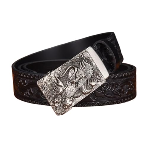 Mens Womens Ratchet Belt Engraved Silver Dragon Pattern Automatic Slide Buckle Western Cowboy Handmade Waistband
