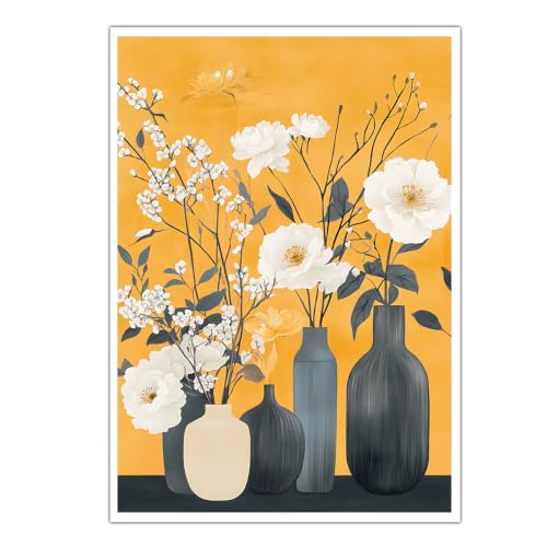 Fleurs blanches et bouteilles en céramique style bohème poster