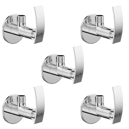 Image of GLOXY Premium Angle Valve for Bathroom with Delight Lever Combo Pack of 5 - One Way Angle Valve with Wall Flange - Angle Cock With Chrome Finish for Kitchen Sink, Bathroom & Wash Basin