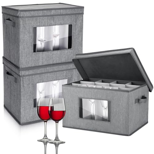 Norme 3 Pack Wine Glass Storage Box with Dividers, Wine Glass Size, Gray