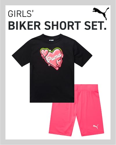 Image of PUMA Girls' Biker Short Set - 2 Piece Short Sleeve Crewneck Graphic Tee Shirt and Bike Shorts for Girls (Sizes: 7-14)