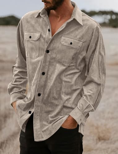 Image of ZAFUL Men's Faux Suede Button Down Shirts Jacket Lightweight Shirt Jacket Long Sleeve Work Coat Solid Color Overshirt