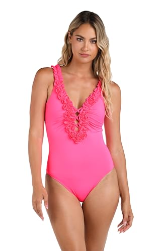 La Blanca Women's Island Goddess Ruffled Plunge One Piece Swimsuit