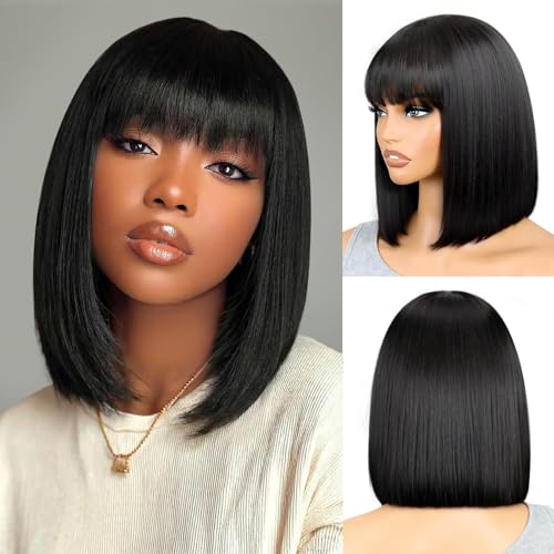 Xinjiju Bob Wig with Bangs Human Hair Short Glueless Black Bob Wigs for Women 180% Density Wear and Go Straight Wigs Beginner Friendly 12 Inch
