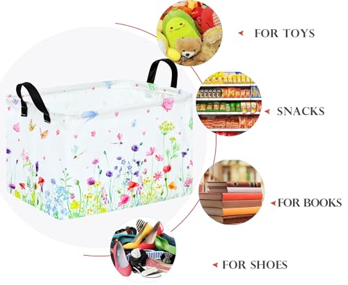 Image of Baby Storage Basket Nursery Box Laundry Hamper Organization Bins for Toys and Clothes with Handles (Blue Flower)