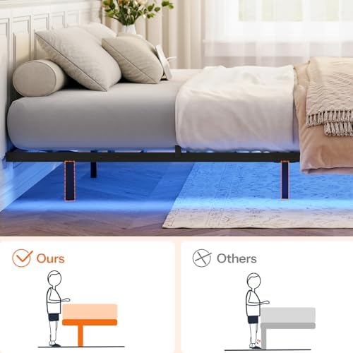 HOOBRO Queen Size Bed Frame, Floating Bed Frame Queen Size, Bed Frame with Charging Station and LED Lights, Industrial Style Metal Platform Queen Bed, Soundless, No Box Springs Needed, Black