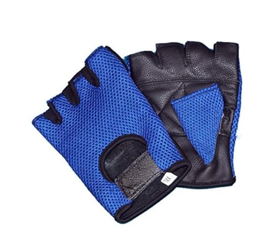 Prime Sports Leather MESH Fingerless Weight Lifting Exercise Gym Wheelchair Gloves Black/Blue WLG-021 (Large)