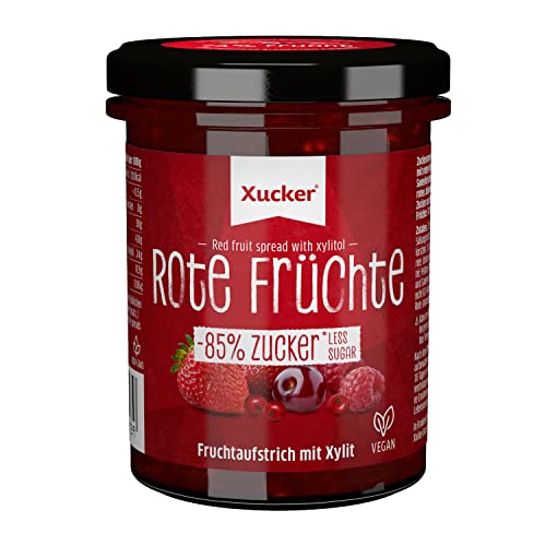 Xucker Fruchtaufstrich Rote Früchte mit Xylit - Erdbeere, Sauerkirsche, Himbeere & Johannisbeere I 74% Fruchtgehalt I vegan & zuckerarm 220g