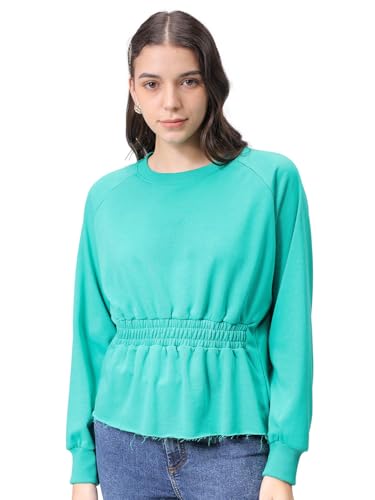 Image of Freehand by The Indian Garage Co Women Fit and Flared Solid Shirred Sweatshirt